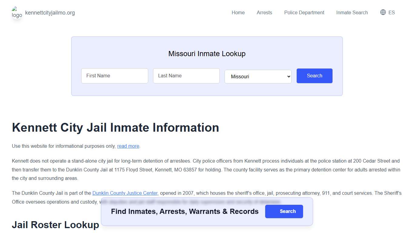 Kennett Jail, MO Inmate Roster, Municipal Jail Info