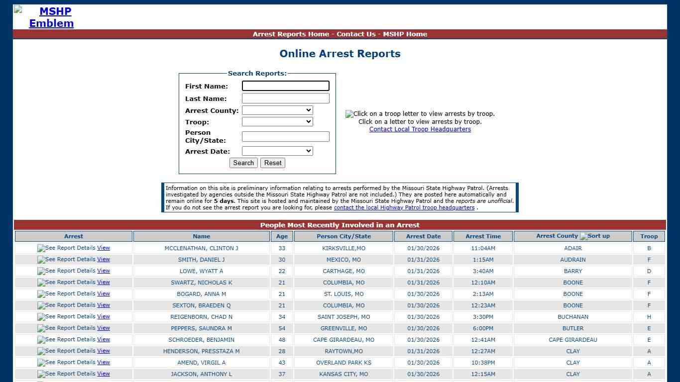Missouri State Highway Patrol - Arrest Reports